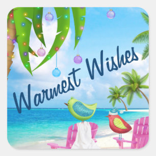 Warmste Wensen Vogels en Kerstmis Palm Tree Beach Vierkante Sticker