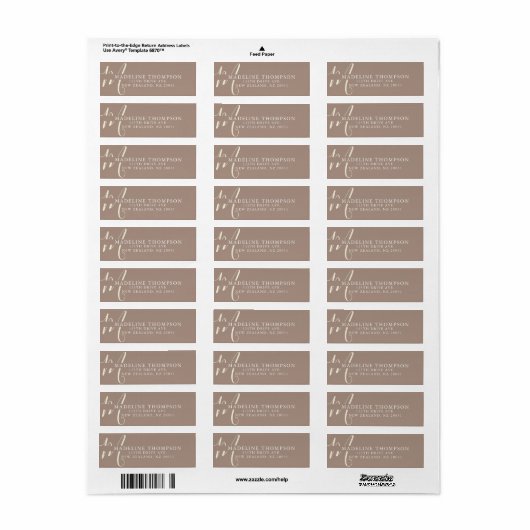 Warmte Beige Monogrammed Script Adres Etiket (Full Sheet)