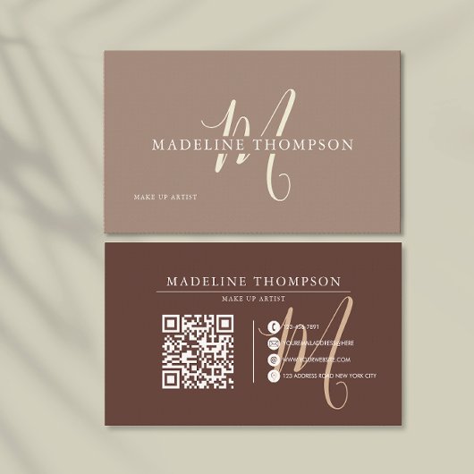 Warmte Beige Monogrammed Script QR-code Visitekaartje
