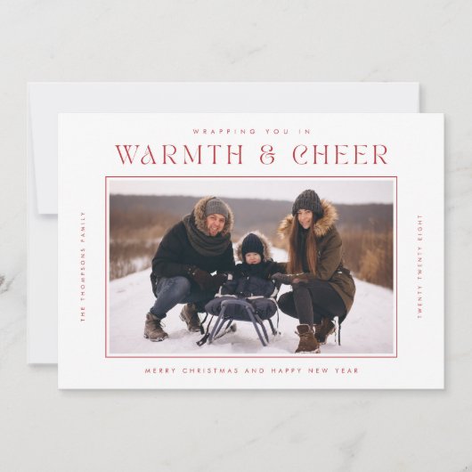 Warmte en vrolijkheid | Rode moderne kerstvierfoto Feestdagenkaart (Voorkant)