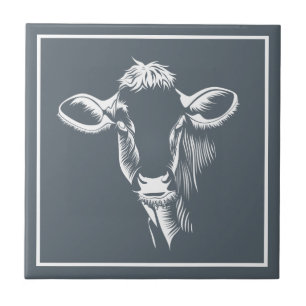 Warmtehuis White Dairy Cow Illustration & Grey Tegeltje