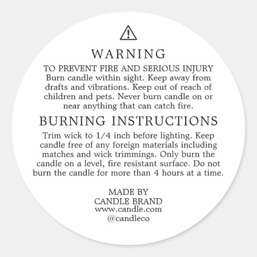Warning Burning Instructions Candle Label (Voorkant)