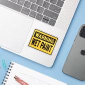 Warning Wet Paint Sign Sticker (Laptop met iPhone)