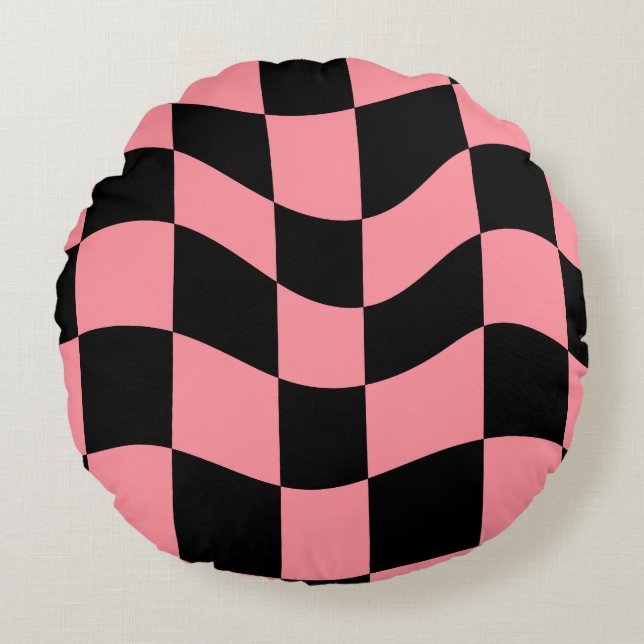 Warped Checkerboard Throw Pillow - Trippy Pink and Rond Kussen (Voorkant)