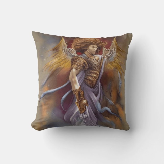 Warrior Angel of Protection in Waterverf Lavender Kussen (Voorkant)