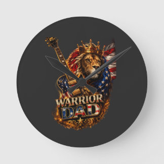 Warrior Dad Leeuw Amerikaanse Vlag Gitaar T-Shirt Ronde Klok