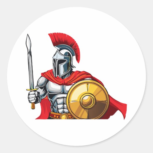 warrior holding sword and shield ready for battle ronde sticker (Voorkant)