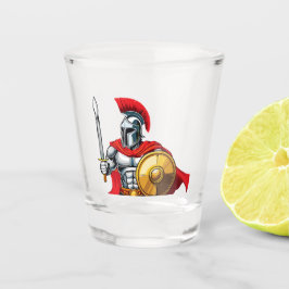 warrior holding sword and shield ready for battle shot glas