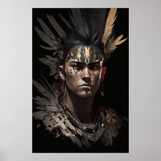 Warrior Indiase portret fantasie schilderij donker Poster (Voorkant)
