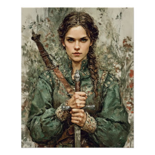 Warrior Maiden met Zwaard - Middeleeuwse Fantasy P Perfect Poster