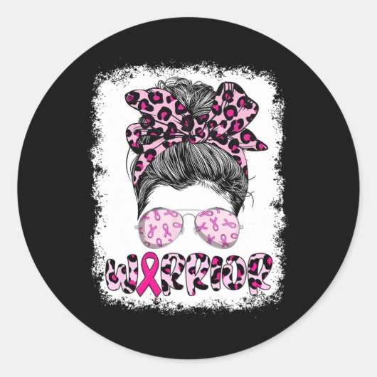 Warrior Messy Bun Leopard Borstkanker Bewustzijn Ronde Sticker (Voorkant)