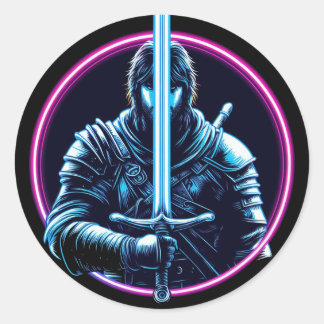 Warrior Neon Sword Fighter Vin Ronde Sticker