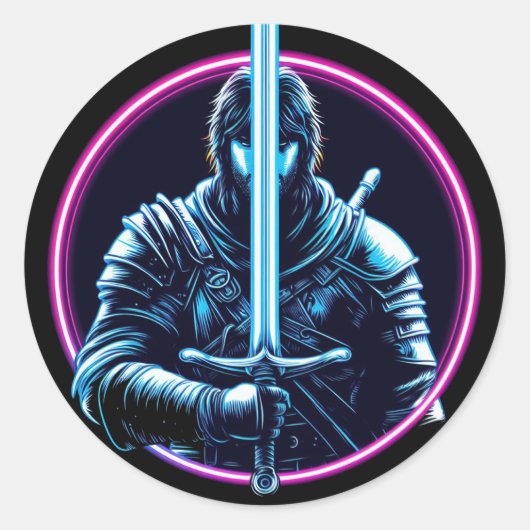 Warrior Neon Sword Fighter Vin Ronde Sticker (Voorkant)