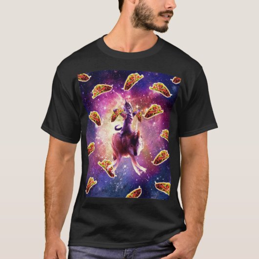 Warrior Space Cat op Wolf unicorn T-shirt (Voorkant)