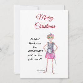 Warrior vrouw vraagt chocoladeschets te overhandig feestdagenkaart