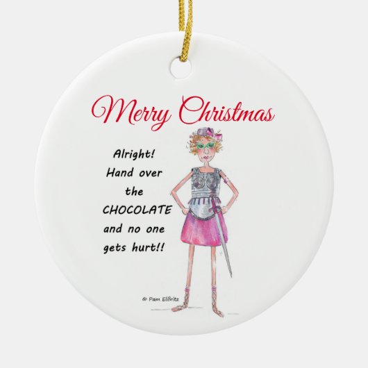 Warrior vrouw vraagt chocoladeschets te overhandig keramisch ornament (Voorkant)