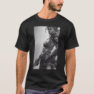 Warrior Woman Girl Sword White Black T-shirt