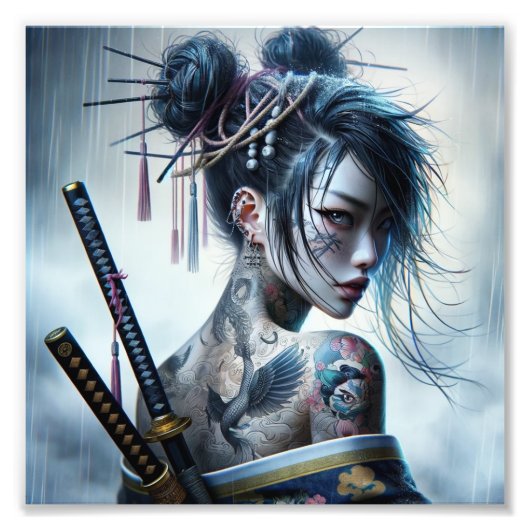 Warrior's Elegance - Een dans van schaduw en goud Foto Afdruk (Voorkant)