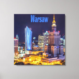 Warschau Polen Night Skyline Warschau Spire Canvas Afdruk
