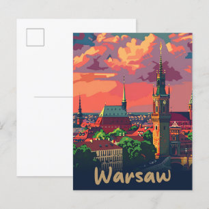 Warschau Polen  Retro Reisillustratie Briefkaart