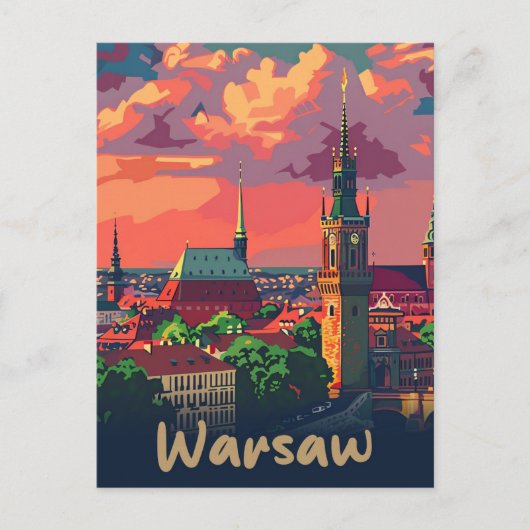 Warschau Polen  Retro Reisillustratie Briefkaart (Voorkant)