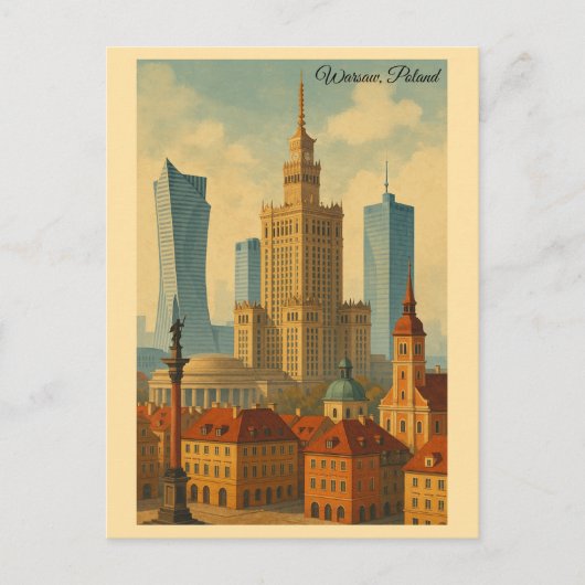 Warschau Polen Vintage Travel Art Briefkaart (Voorkant)
