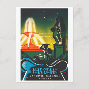 Warschau, verlichte fontein briefkaart