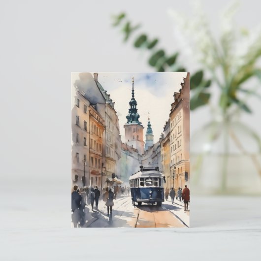 Warschau waterverf kunst briefkaart (Staand voorkant)