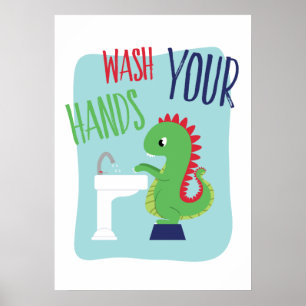 Was je handen   Dino-badkamerkunst Poster