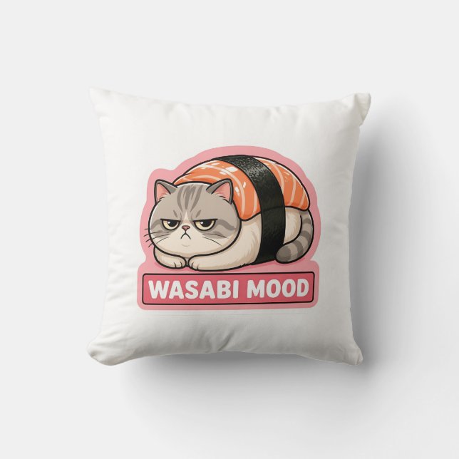 Wasabi Stemming Grappige Chagrijnige Kat Sushi Mem Kussen (Voorkant)