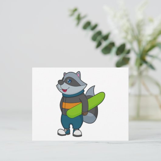 Wasbeer als snowboarder met snowboard briefkaart (Staand voorkant)