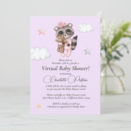 Wasbeer Baby Shower Lavendel Virtueel Kaart (Staand voorkant)