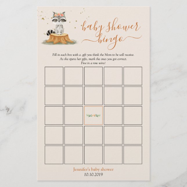 Wasbeer bosdieren baby shower bingo spel (Voorkant)