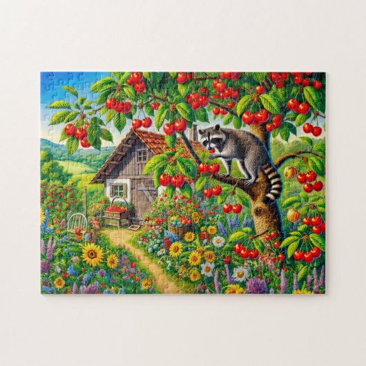 Wasbeer die kersen eet in oude kersenboom legpuzzel (Horizontaal)