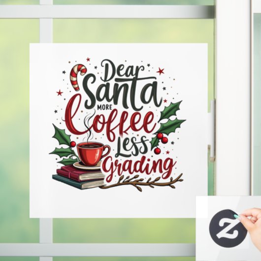 Wasbeer draagt kerstmuts en kerst raamsticker (Huis)