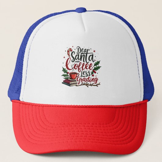 Wasbeer draagt kerstmuts en kerst trucker pet (Voorkant)