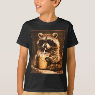Wasbeer drinkt ijskoffie in vintage stijl t-shirt