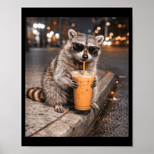 Wasbeer drinkt ijskoffie meme grappig dier voor poster (Voorkant)