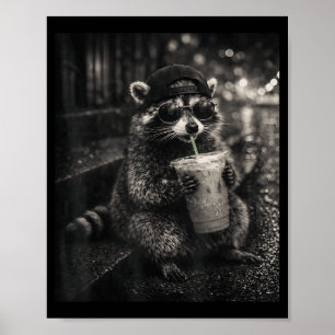 Wasbeer drinkt ijskoude koffie grappige dieren mem poster