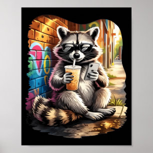 Wasbeer drinkt ijskoude koffie grappige dieren mem poster