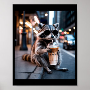 Wasbeer drinkt ijskoude koffie grappige dieren mem poster