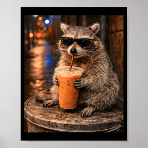Wasbeer drinkt ijskoude koffie meme grappig dier v poster