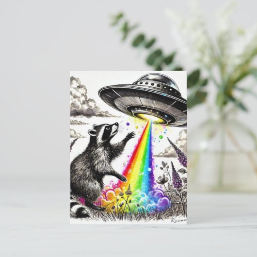 Wasbeer en de Regenboog UFO in een wilde bloemenwe Briefkaart (Staand voorkant)