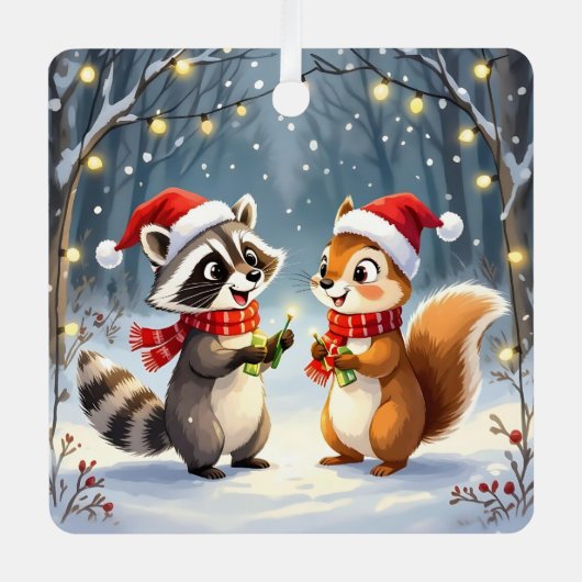 Wasbeer en eekhoorn hangen kerstverlichting metalen ornament (Voorkant)