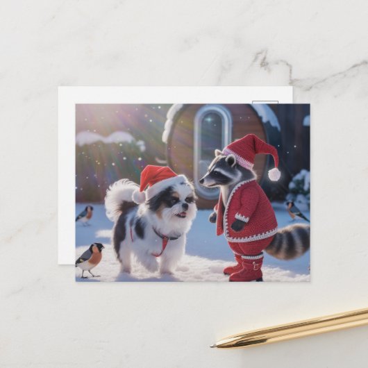 Wasbeer en een hond Feestelijke Kerstmis Briefkaart (Voorkant / Achterkant in situ)