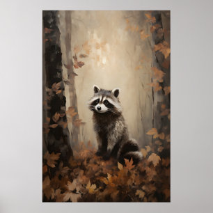 Wasbeer herfst bos print, Cottagecore dier Poster