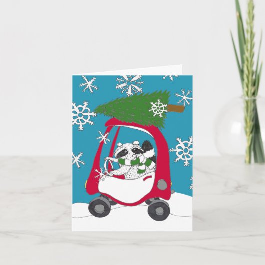 Wasbeer in auto met kerstboom kaart (Voorkant)