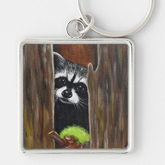 Wasbeer in een boom Schilderij Sleutelhanger (Voorkant)