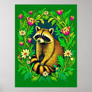 Wasbeer in het midden van Wildflower Garden Poster