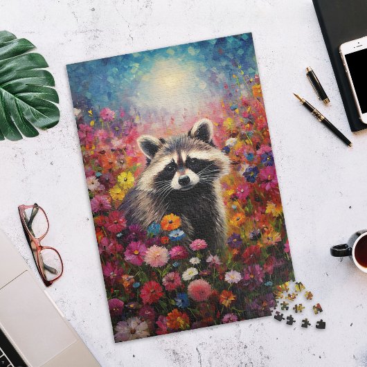Wasbeer in veld met wilde bloemen legpuzzel